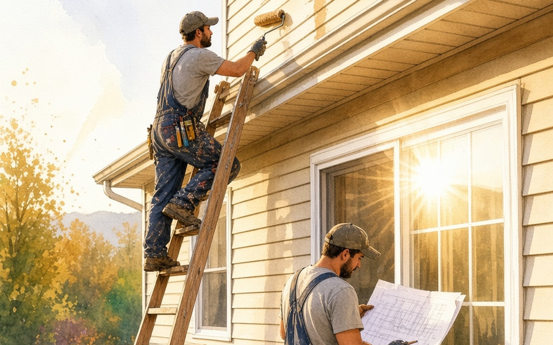 Two workers making approved exterior improvements to a home — one painting the siding from a ladder, the other reviewing plans